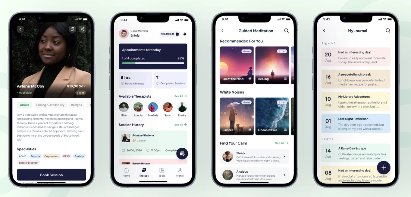 MyTherapist.ng app after the redesign: refreshed therapist profile, home dashboard, guided meditation and journal screens