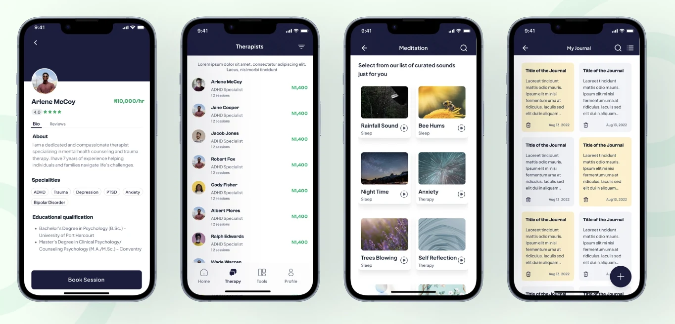 MyTherapist.ng app before the redesign: therapist profile, therapist list, meditation and journal screens