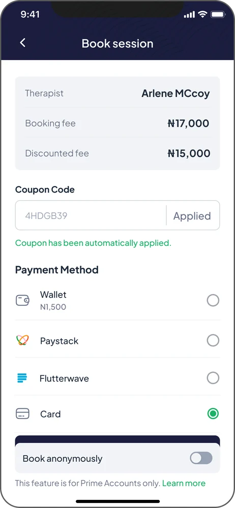 Book session: fees, coupon and payment method