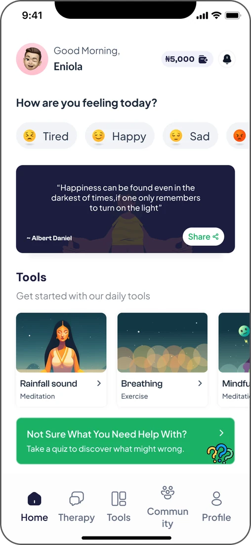 MyTherapist.ng home screen with mood check-in, daily quote, tools and a help quiz