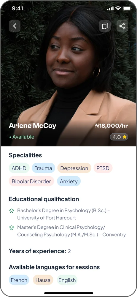 Therapist profile: specialities, qualifications and languages