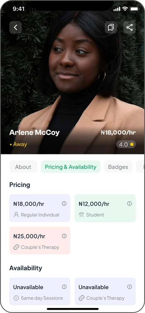 Therapist profile: pricing and availability