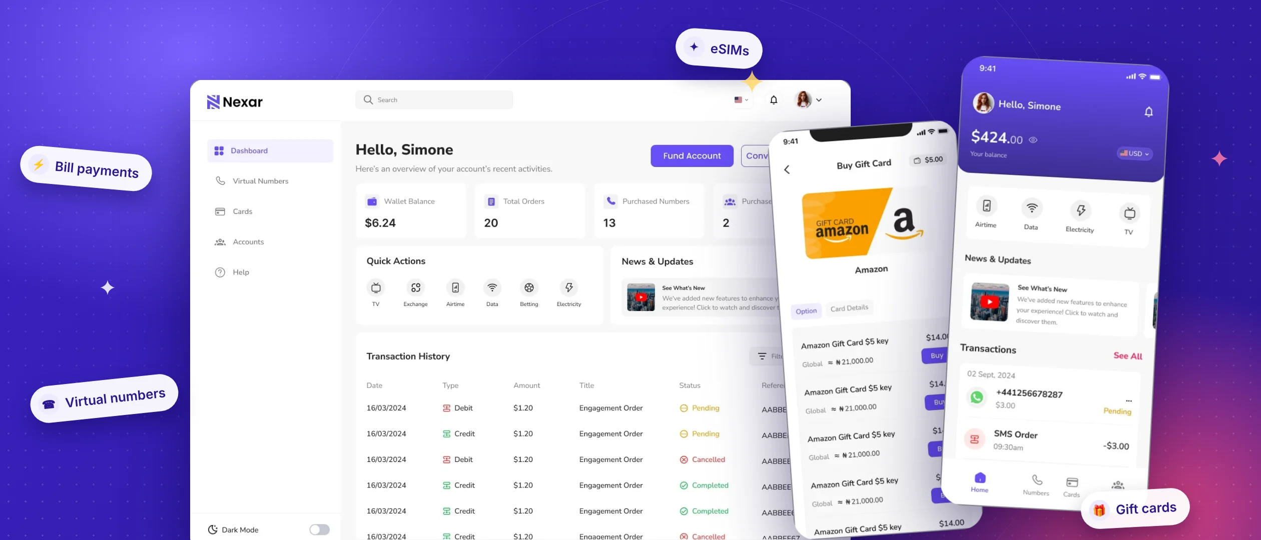 Nexar web dashboard with gift card and home screens of the mobile app