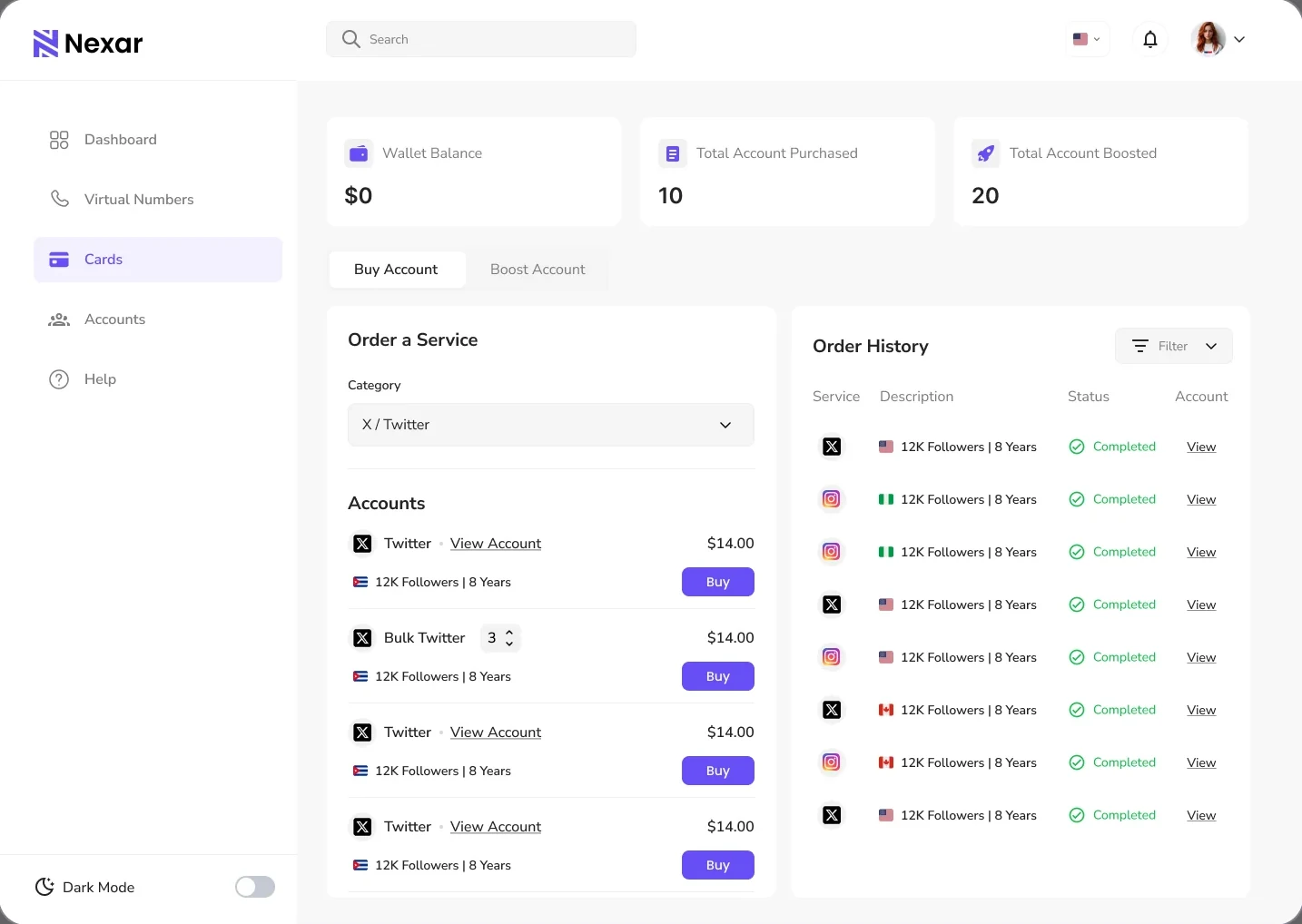 Web app: buy accounts