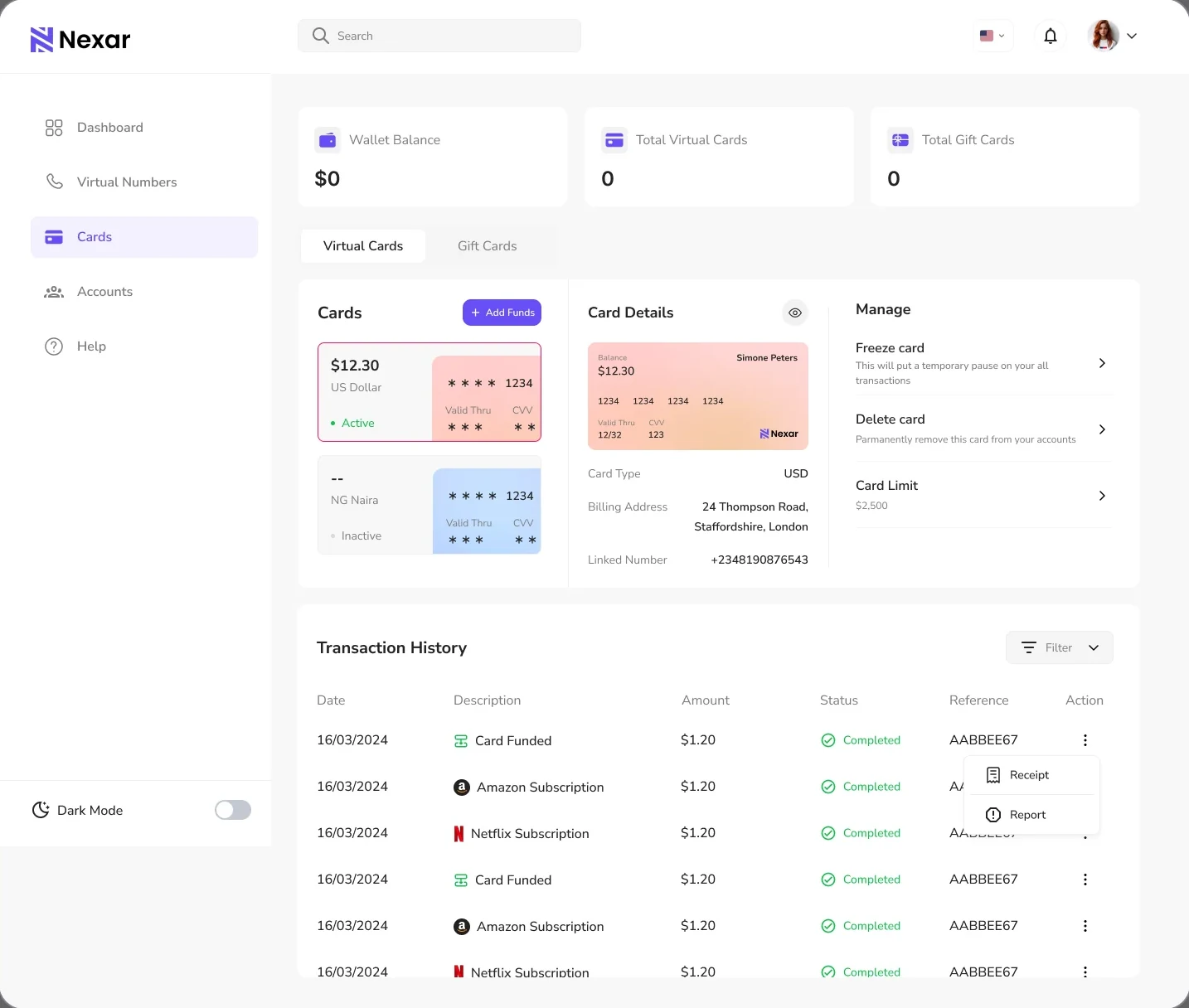 Nexar web app: virtual cards