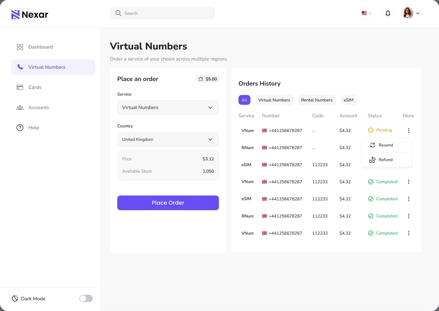Web app: virtual numbers