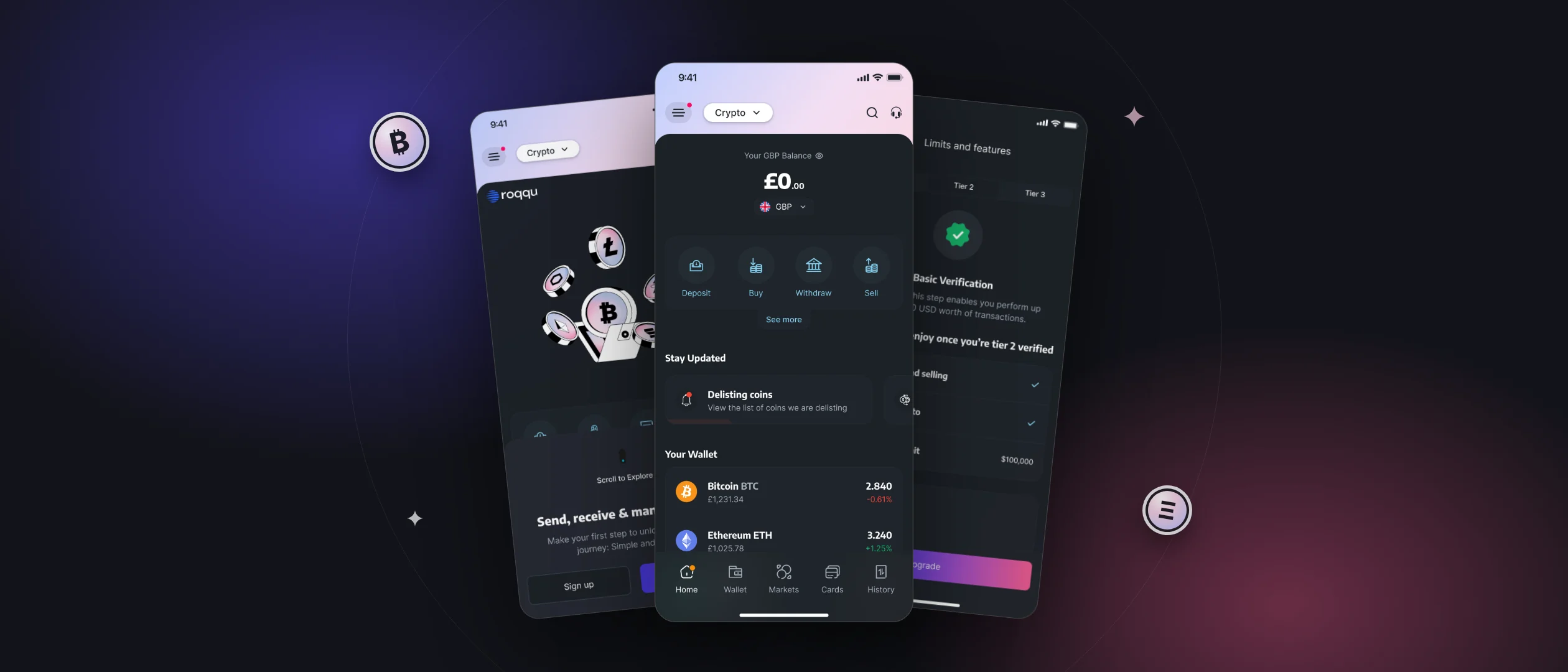 Four Roqqu app screens: the welcome screen, home wallet, account setup and verification limits