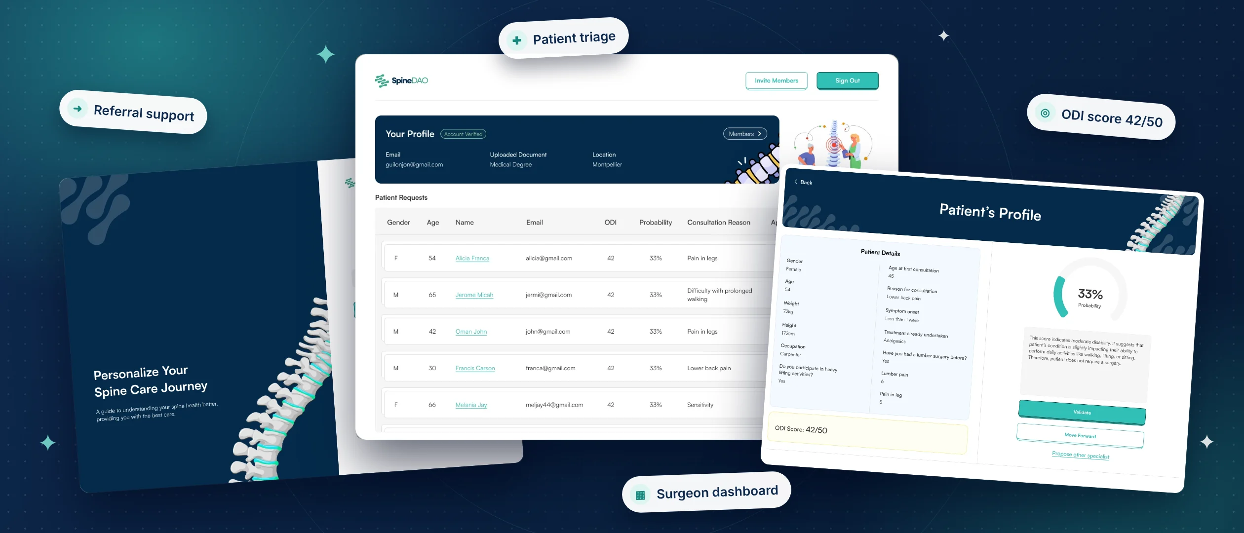 Filter web app: sign up, surgeon dashboard and patient profile screens