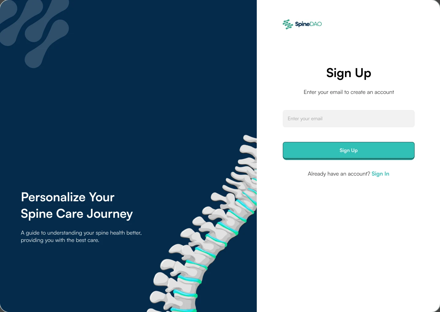 Filter sign up screen: personalize your spine care journey