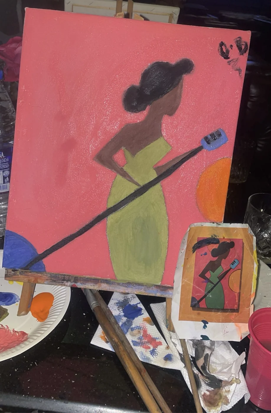 A painting by Omotola of a woman in a green dress at a microphone, signed O.B